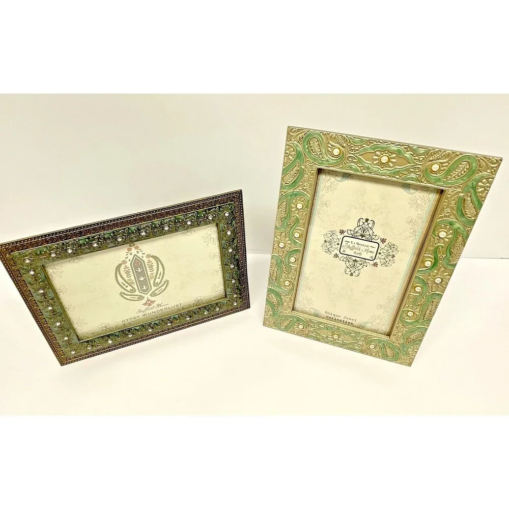 Sheffield Home set of (2) 4x6 Pewter Picture Frames-Ornate/Jeweled-Green & Gold